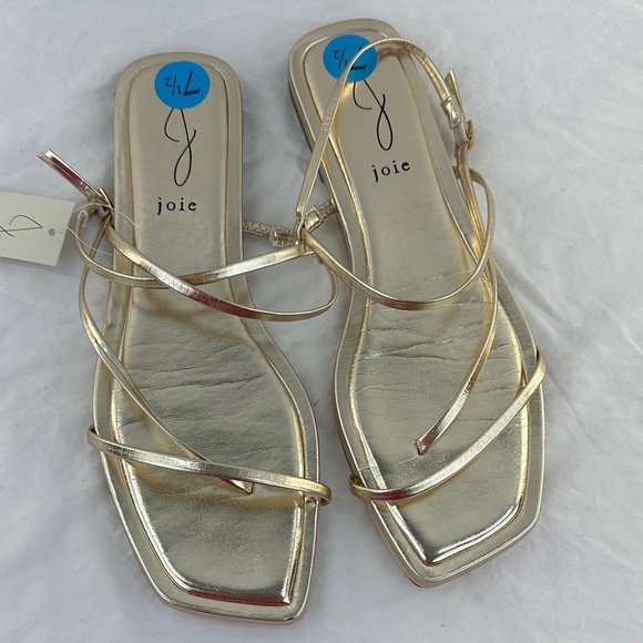 NWT Joie Thin Strap Square Toe Gold Flat Sandals - Picture 1 of 7